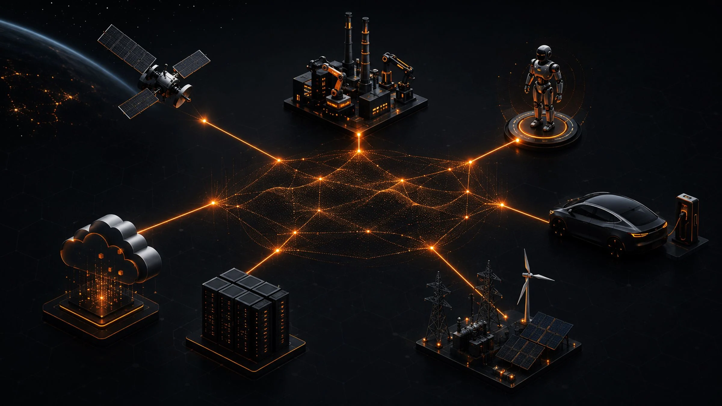 Satellites, factories, robots, vehicles and energy assets connected by an orange network of trusted links