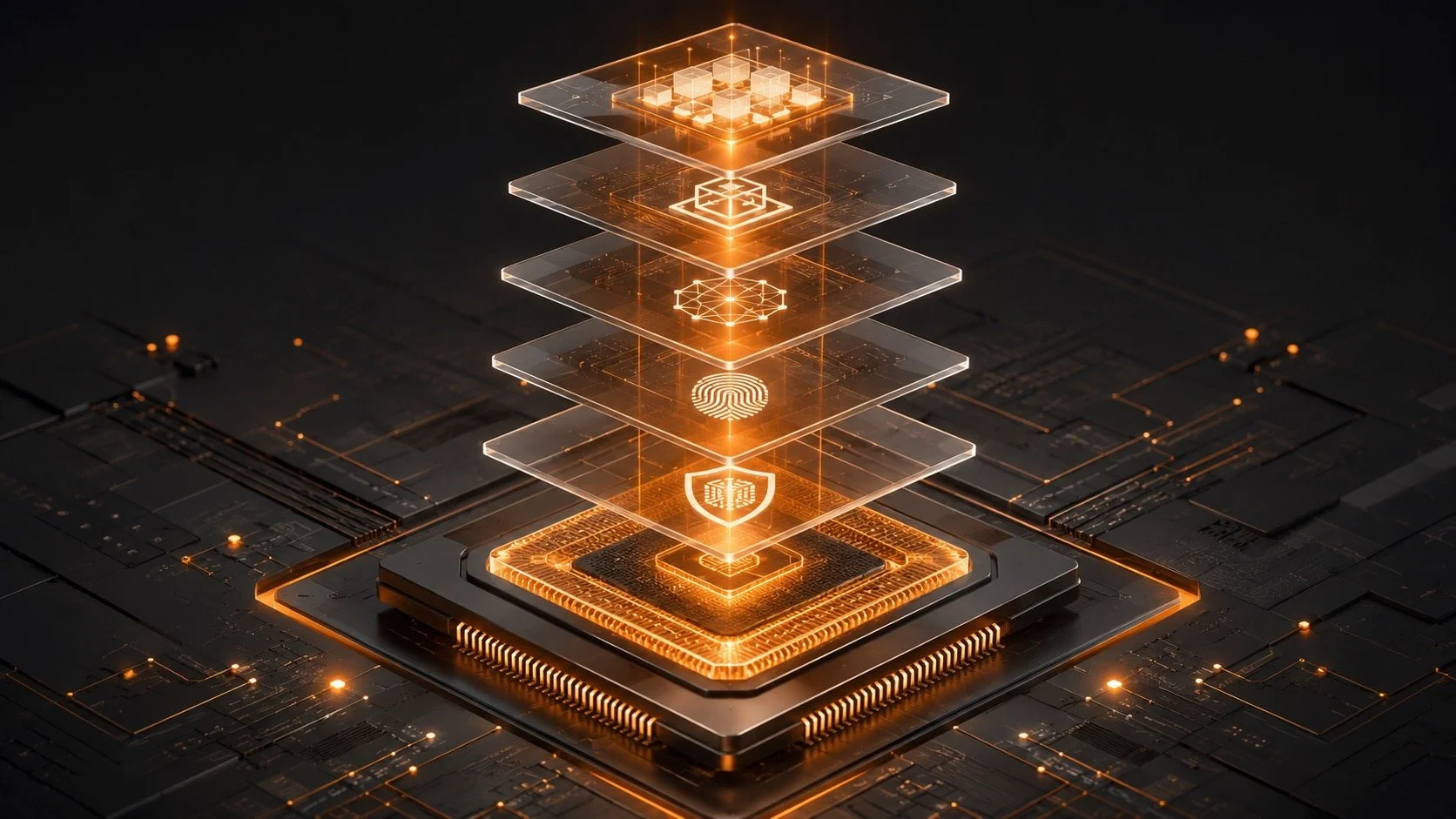 Glowing layered stack rising from a secure chip